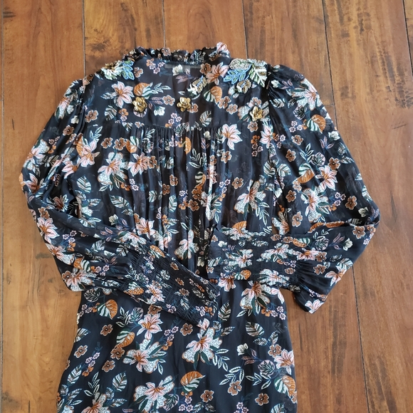 Veronica Beard Shaia Embellished Ruched Ruffle Sleeve Dress in Black Multi Sz 6 - Picture 9 of 13